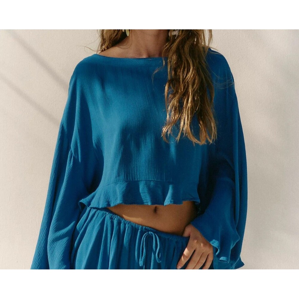 Free People Free-Est Delilah Cropped Blouse Top Ruffle Boat Neck Solid S 290919